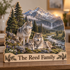 Wolf Family Alpine River Clearing Personalized Wooden Block; example personalization The Reed Family