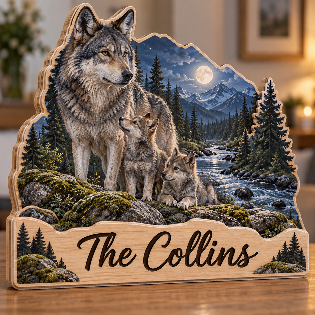 Wolf Family Silver Creek Personalized Wooden Block; example personalization The Collins