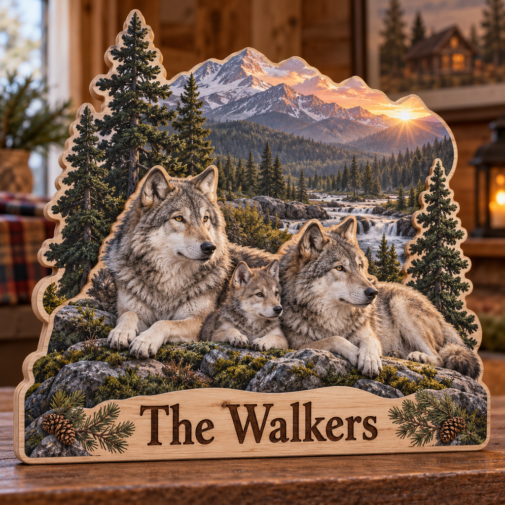 Wolf Family Pine Valley Personalized Wooden Block; example personalization The Walkers