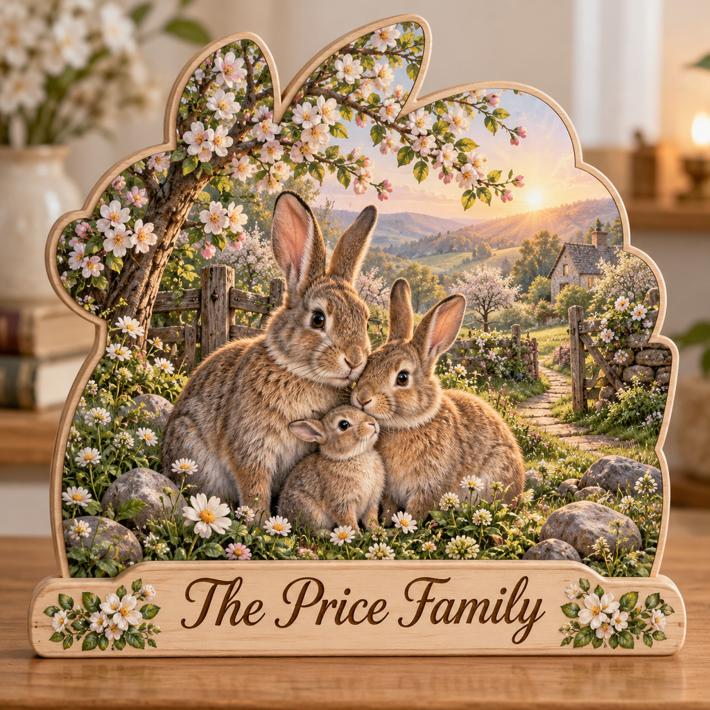 Rabbit Family Clover Orchard Gate Personalized Wooden Block; example personalization The Price Family