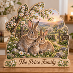 Rabbit Family Clover Orchard Gate Personalized Wooden Block; example personalization The Price Family
