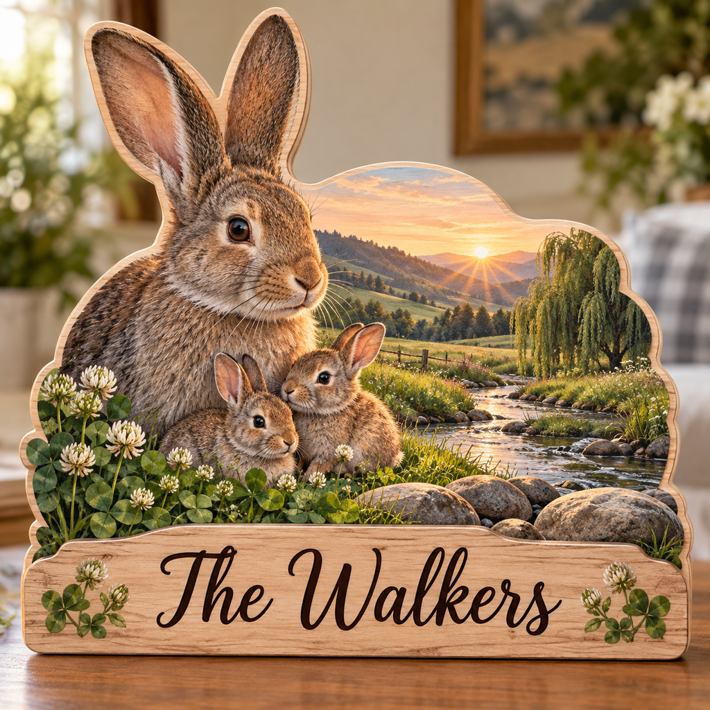 Rabbit Family Cloverstone Meadow Personalized Wooden Block; example personalization The Walkers