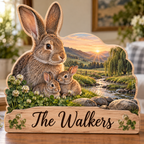 Rabbit Family Cloverstone Meadow Personalized Wooden Block; example personalization The Walkers