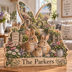 Rabbit Cottage Garden Personalized Wooden Block; example personalization The Parkers