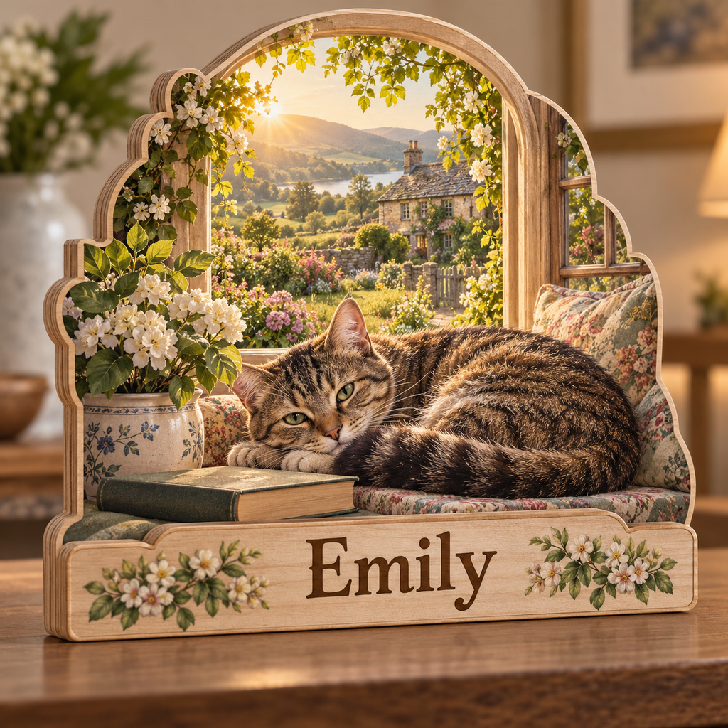 Cat Lover Window Garden Nook Personalized Wooden Block; example personalization Emily