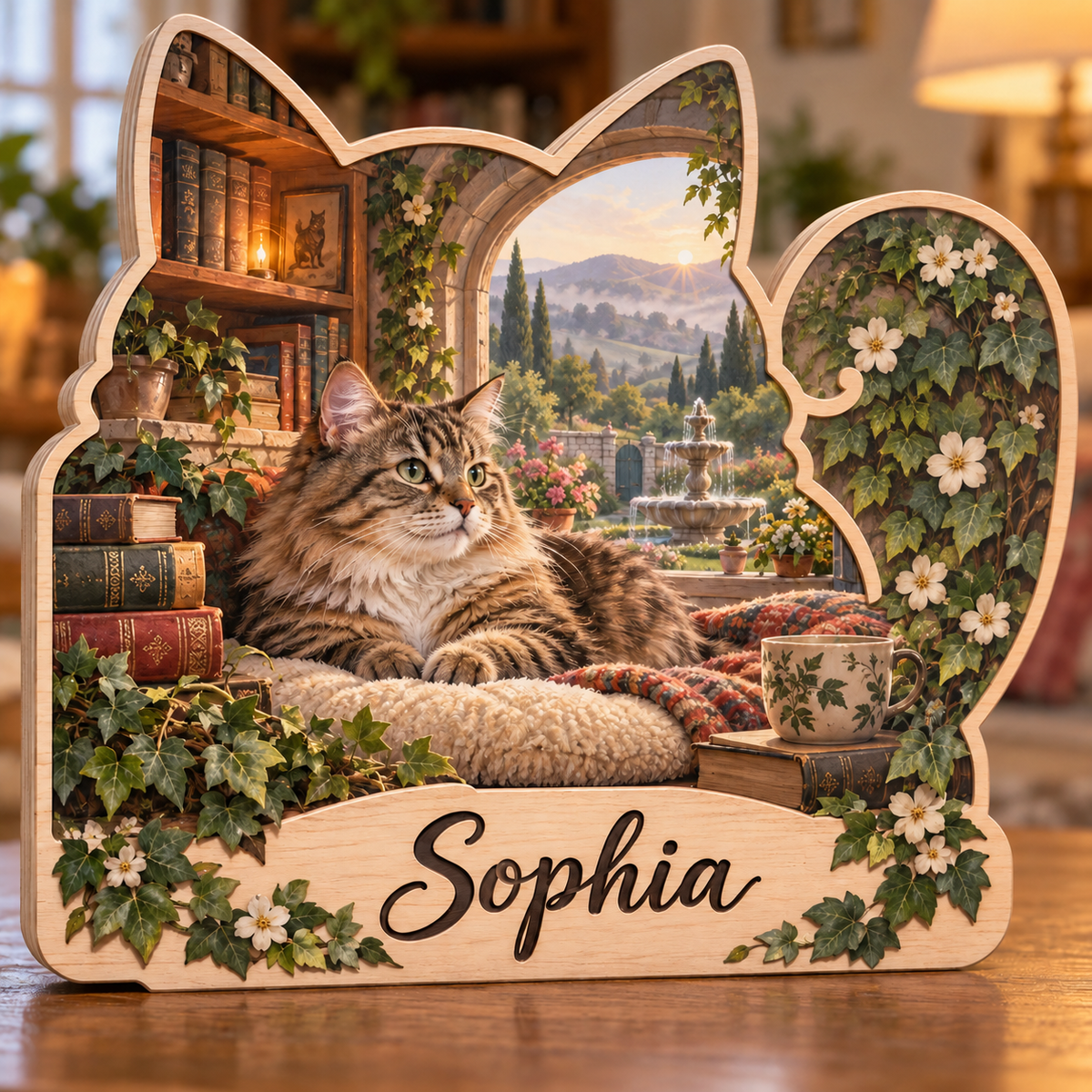 Cat Lover Ivy Window Nook Personalized Wooden Block; example personalization Sophia
