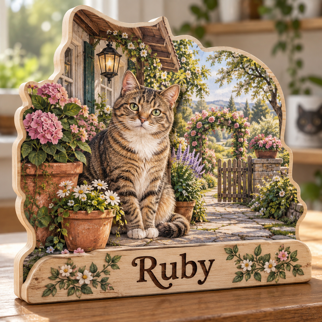 Cat Lover Sunlit Garden Porch Personalized Wooden Block; example personalization Ruby