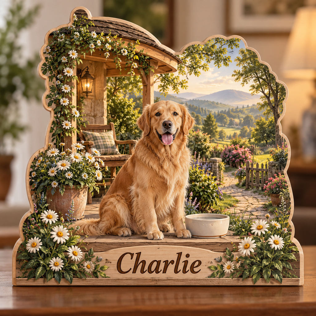 Dog Lover Garden Porch Morning Personalized Wooden Block; example personalization Charlie
