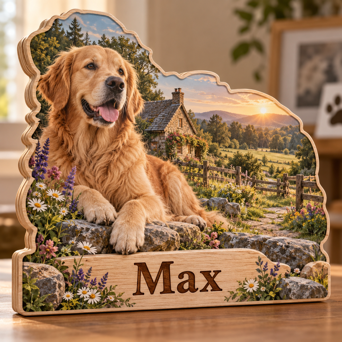 Dog Lover Meadow Cottage Personalized Wooden Block; example personalization Max