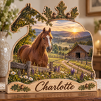 Horse Lover Meadow Stable Sunrise Personalized Wooden Block; example personalization Charlotte