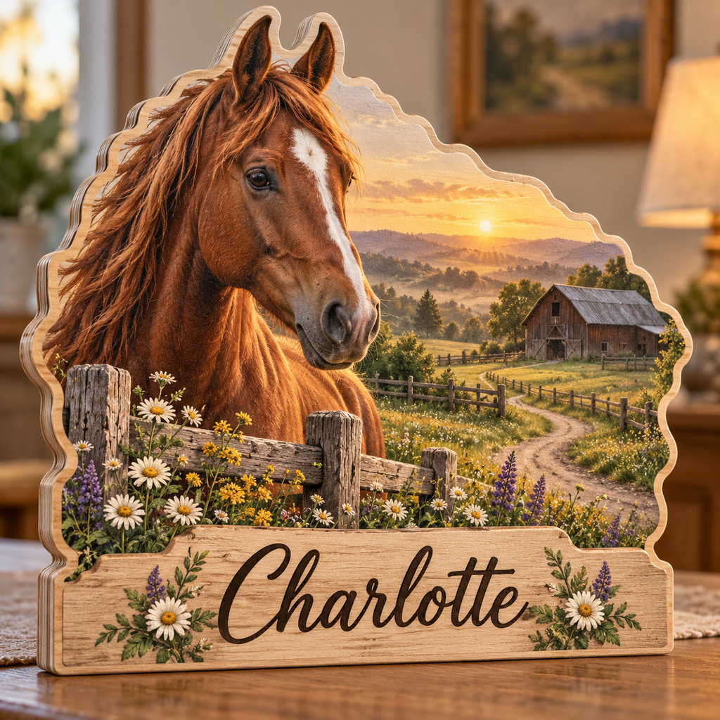 Horse Lover Copper Meadow Trail Personalized Wooden Block; example personalization Charlotte