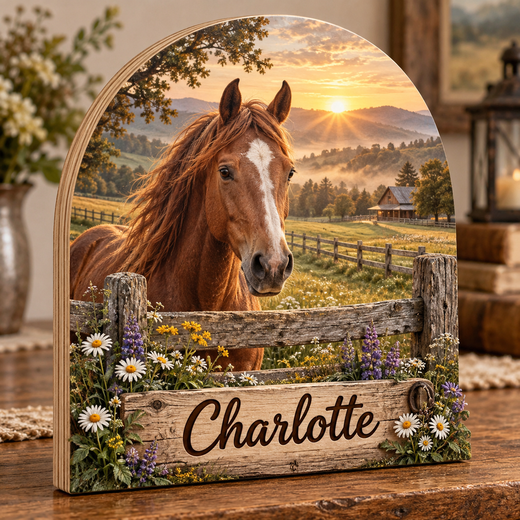Golden Meadow Horse Personalized Wooden Block; example personalization Charlotte