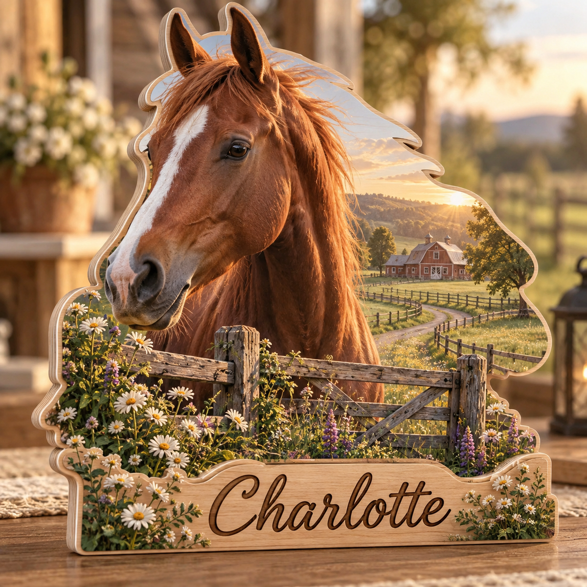 Horse Meadow Ranch Personalized Wooden Block; example personalization Charlotte