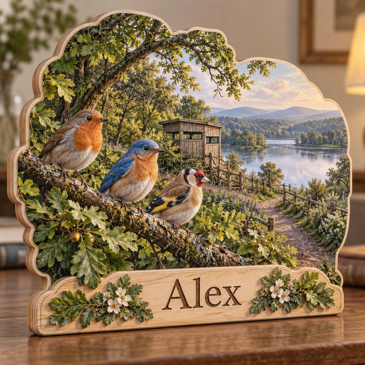 Birdwatcher Woodland Hide Lake Personalized Wooden Block; example personalization Alex