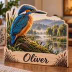 Birdwatcher Kingfisher Reedwater Personalized Wooden Block; example personalization Oliver