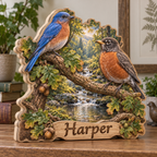 Songbird Woodland Branch Personalized Wooden Block; example personalization Harper