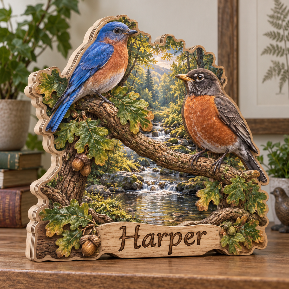 Songbird Woodland Branch Personalized Wooden Block; example personalization Harper