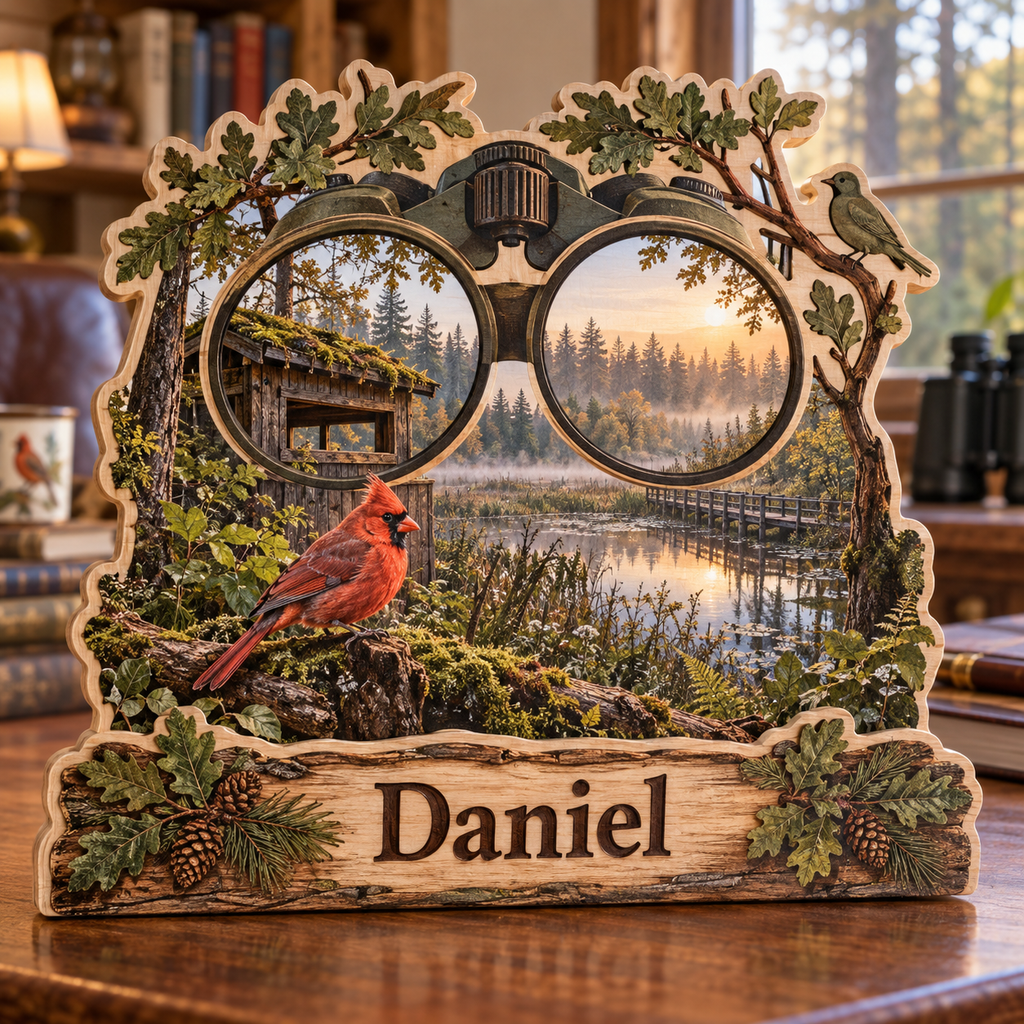 Birdwatcher Woodland Hide Personalized Wooden Block; example personalization Daniel