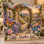 Butterfly Garden Lavender Stone Arch Personalized Wooden Block; example personalization Sophie