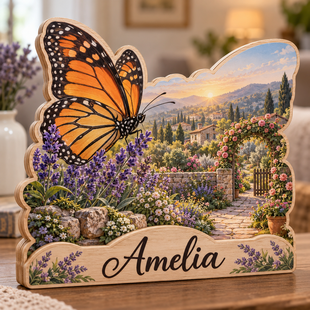 Butterfly Garden Lavender Arbor Personalized Wooden Block; example personalization Amelia