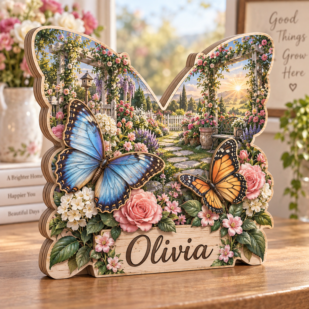 Butterfly Blossom Garden Personalized Wooden Block; example personalization Olivia