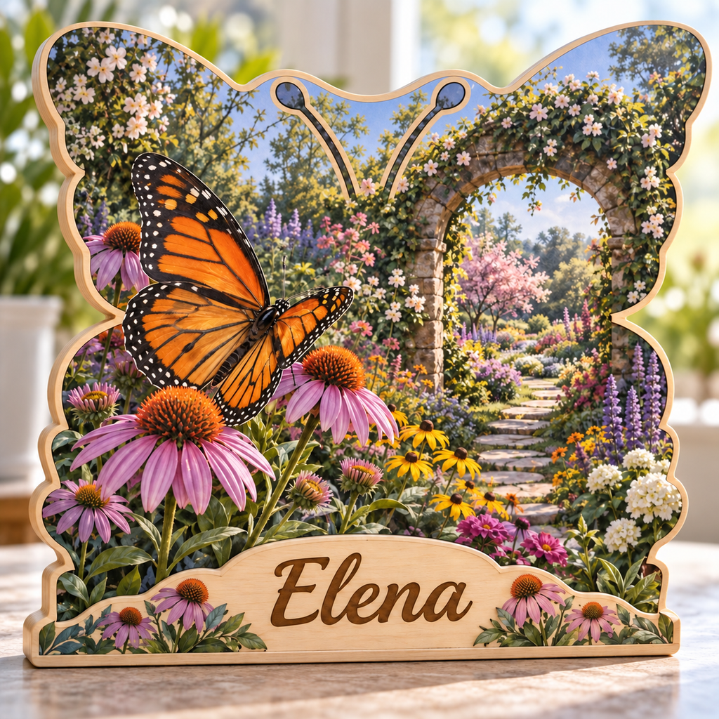 Butterfly Garden Stone Arbor Personalized Wooden Block; example personalization Elena