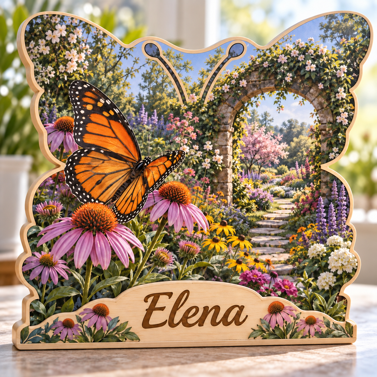 Butterfly Garden Stone Arbor Personalized Wooden Block; example personalization Elena