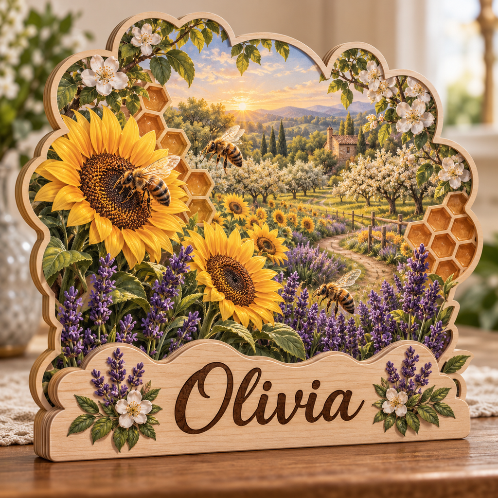Bee Garden Honeycomb Orchard Personalized Wooden Block; example personalization Olivia