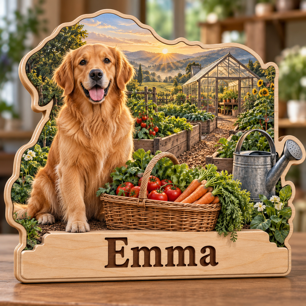 Golden Retriever Vegetable Garden Personalized Wooden Block; example personalization Emma