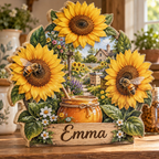 Honeybee Sunflower Garden Personalized Wooden Block; example personalization Emma