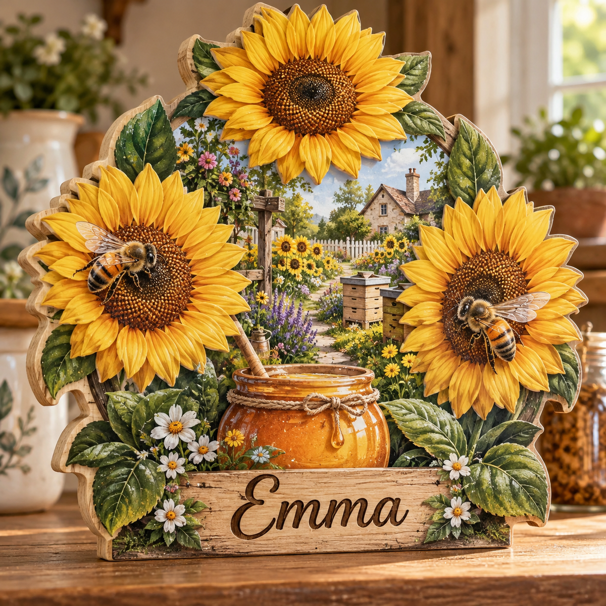 Honeybee Sunflower Garden Personalized Wooden Block; example personalization Emma