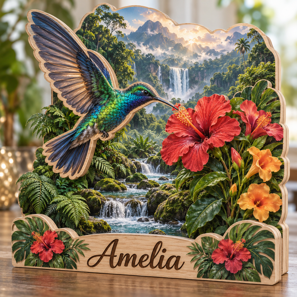 Hummingbird Tropical Waterfall Personalized Wooden Block; example personalization Amelia