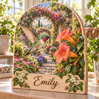 Hummingbird Garden Haven Personalized Wooden Block; example personalization Emily