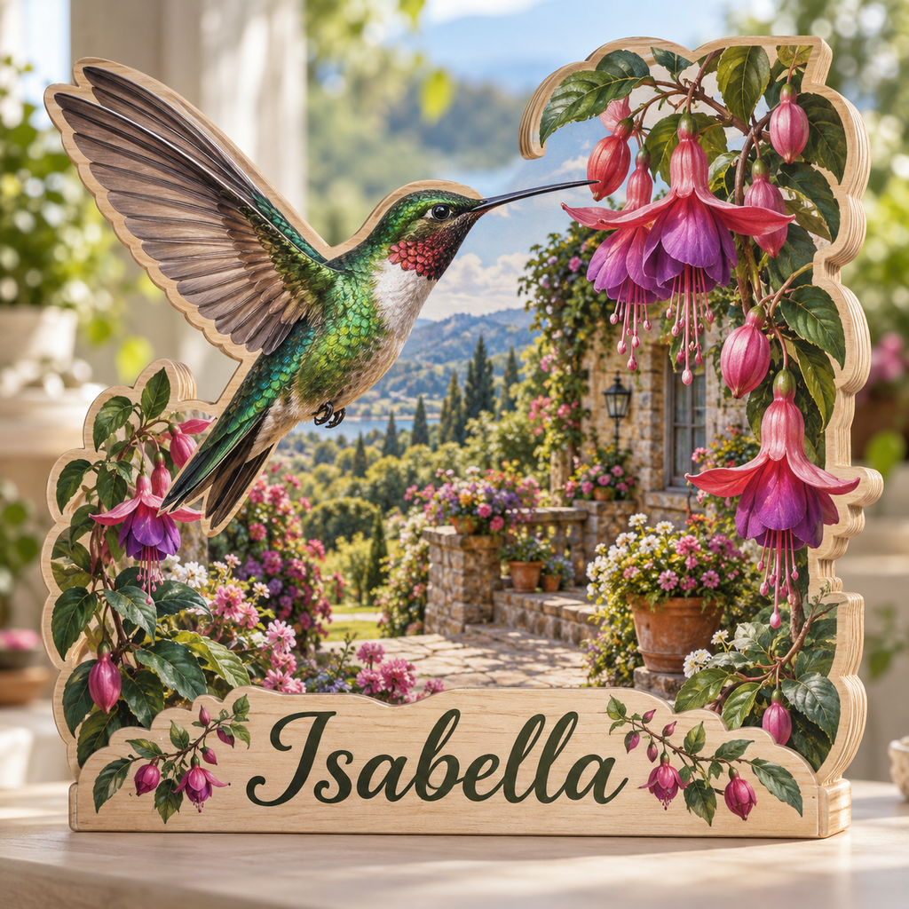 Hummingbird Fuchsia Terrace Personalized Wooden Block; example personalization Isabella