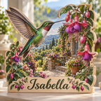 Hummingbird Fuchsia Terrace Personalized Wooden Block; example personalization Isabella