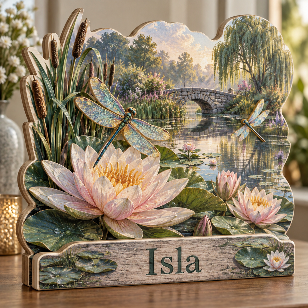 Dragonfly Lily Pond Stone Bridge Personalized Wooden Block; example personalization Isla