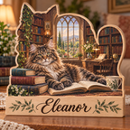Maine Coon Library Window Personalized Wooden Block; example personalization Eleanor