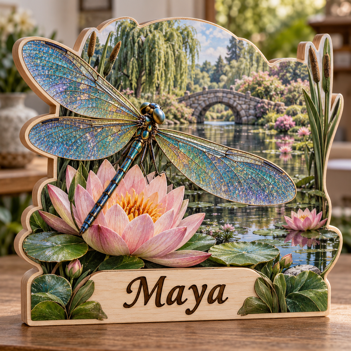 Dragonfly Lotus Watergarden Personalized Wooden Block; example personalization Maya