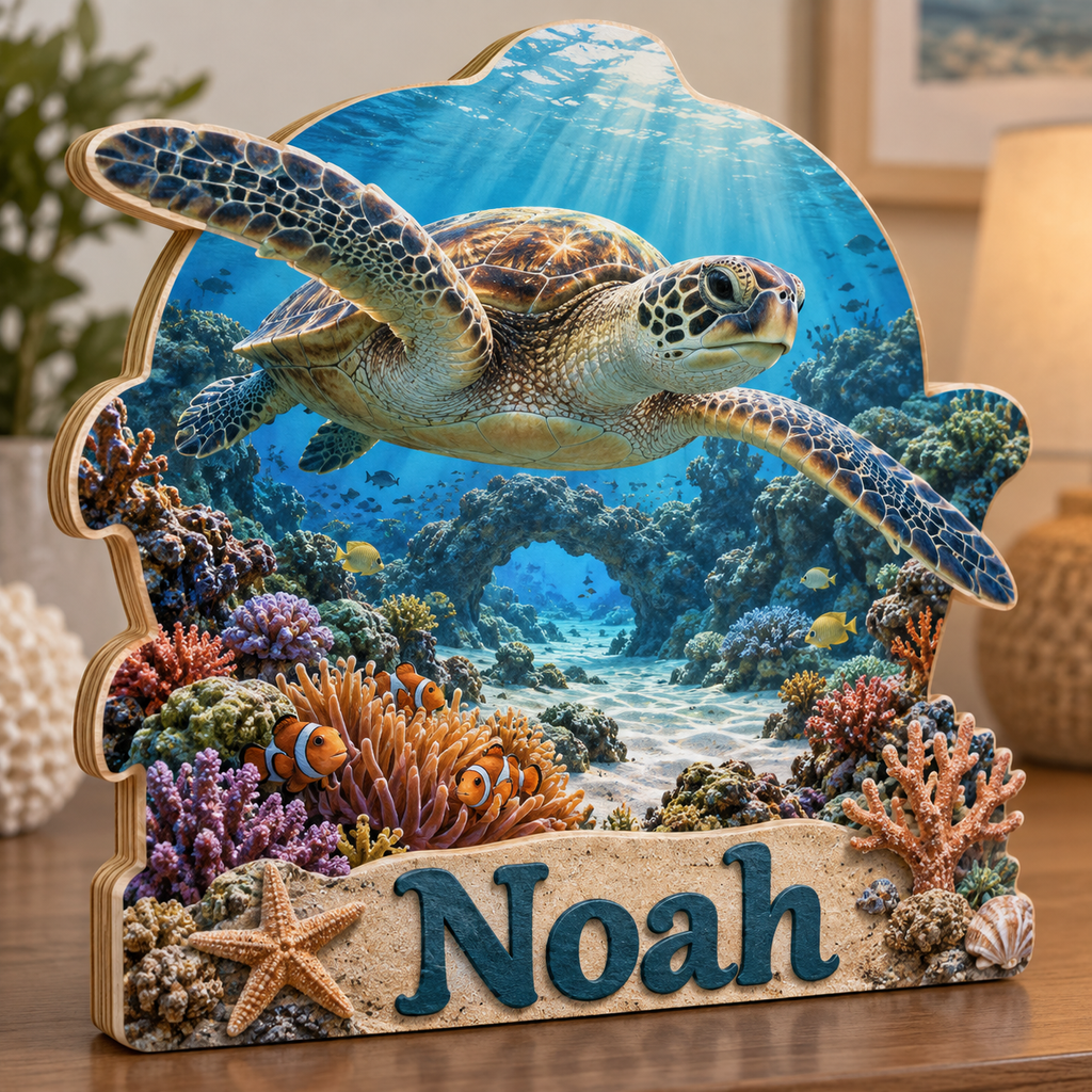 Sea Turtle Coral Lagoon Arch Personalized Wooden Block; example personalization Noah