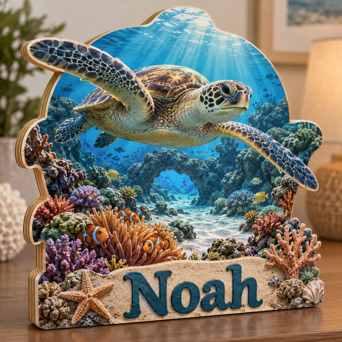 Sea Turtle Coral Lagoon Arch Personalized Wooden Block; example personalization Noah