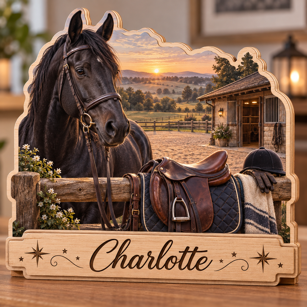 Horse Equestrian Saddle Barn Personalized Wooden Block; example personalization Charlotte