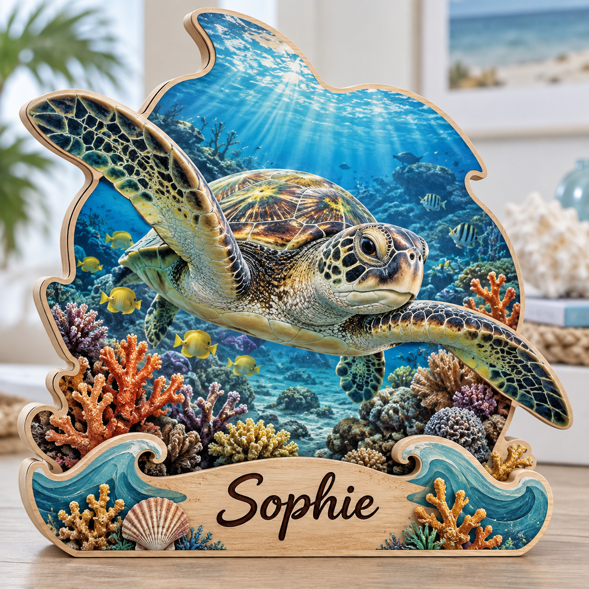 Sea Turtle Coral Lagoon Personalized Wooden Block; example personalization Sophie