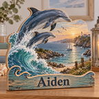 Dolphin Azure Cove Lighthouse Personalized Wooden Block; example personalization Aiden