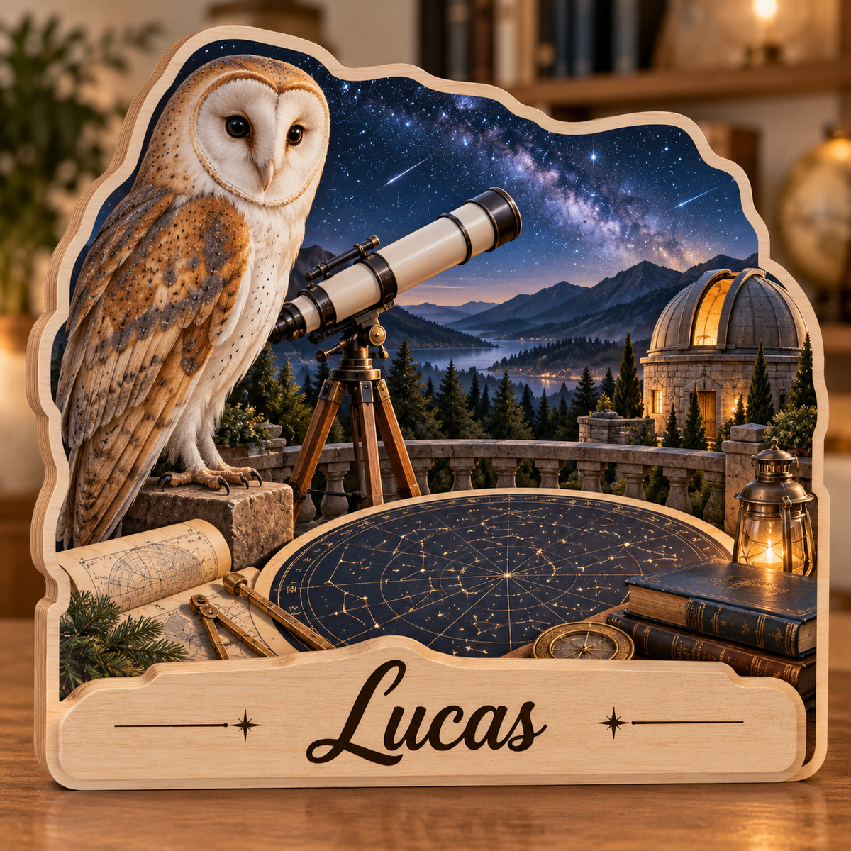 Barn Owl Observatory Stars Personalized Wooden Block; example personalization Lucas