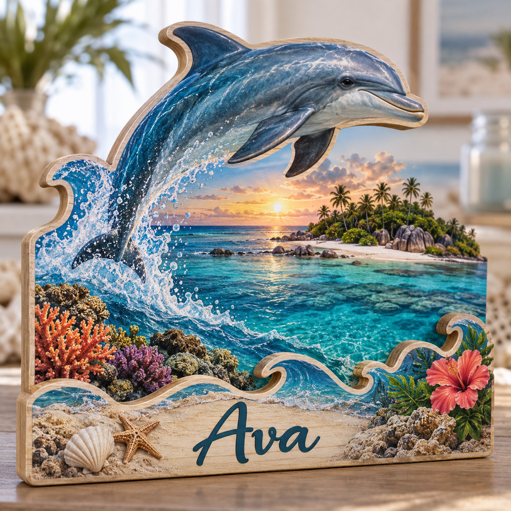 Dolphin Coral Lagoon Personalized Wooden Block; example personalization Ava