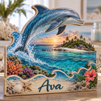 Dolphin Coral Lagoon Personalized Wooden Block; example personalization Ava