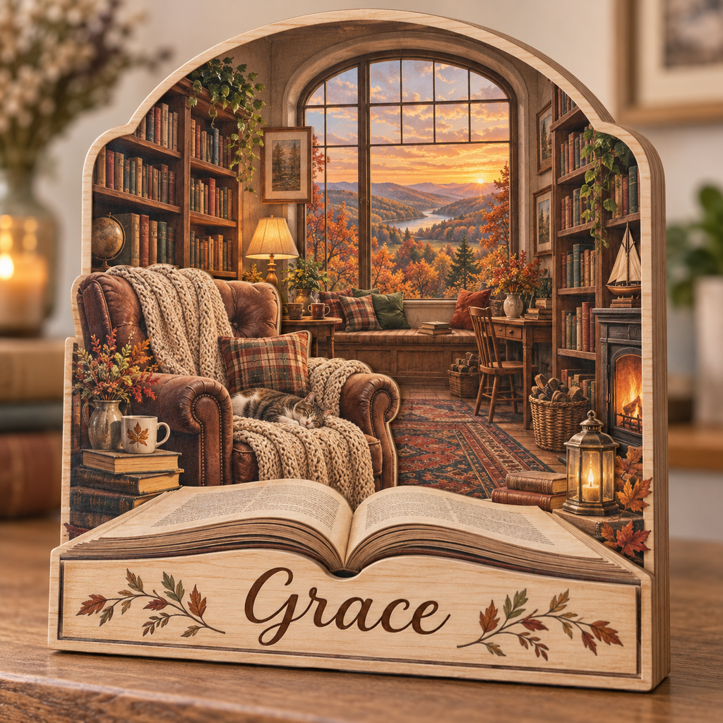 Reading Nook Woodland Window Personalized Wooden Block; example personalization Grace