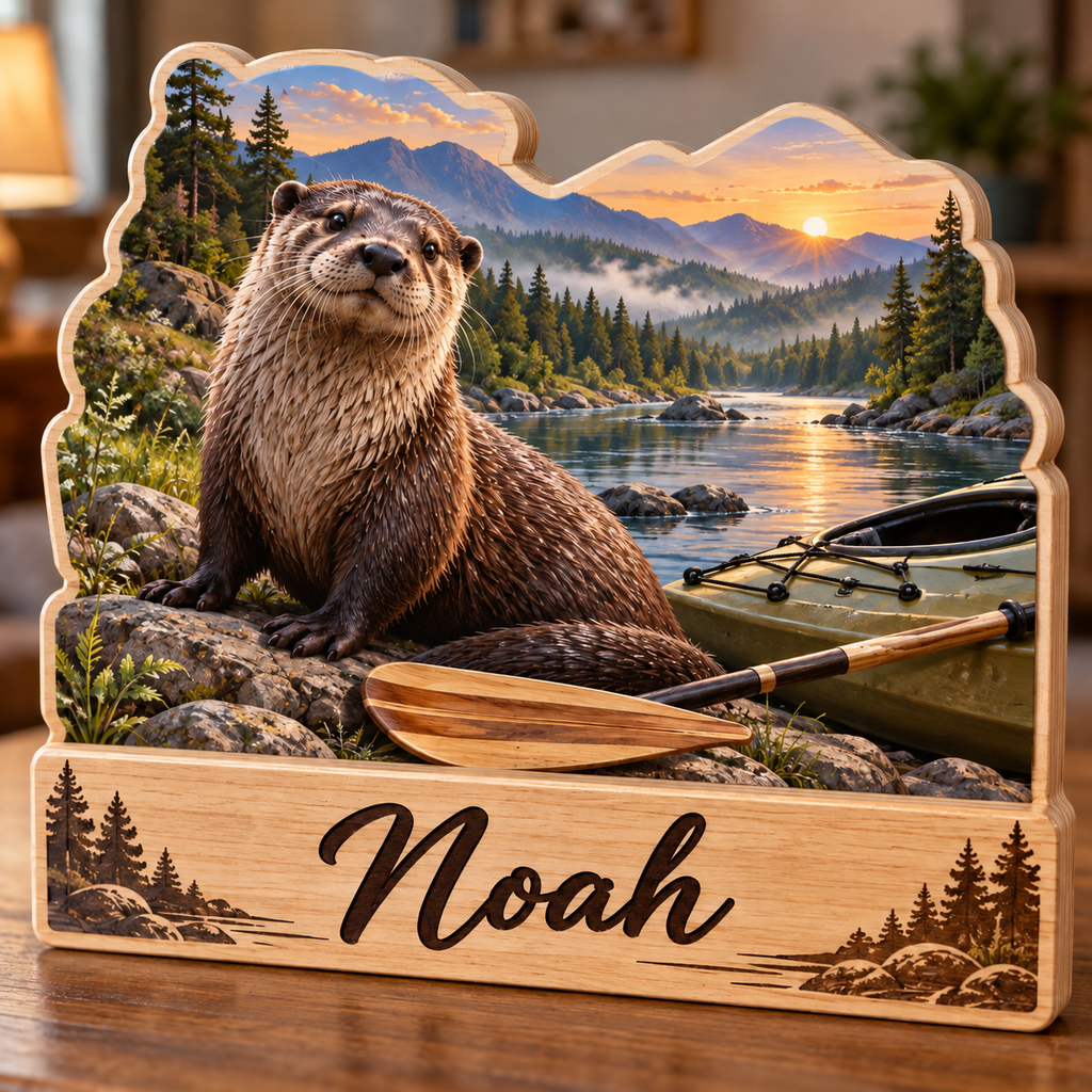 Otter Kayak Riverbend Personalized Wooden Block; example personalization Noah