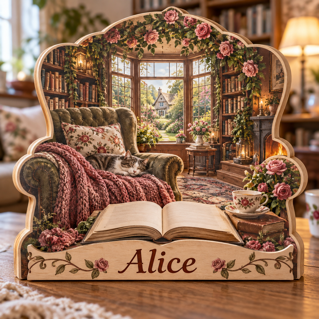 Reading Nook Rose Bay Window Personalized Wooden Block; example personalization Alice