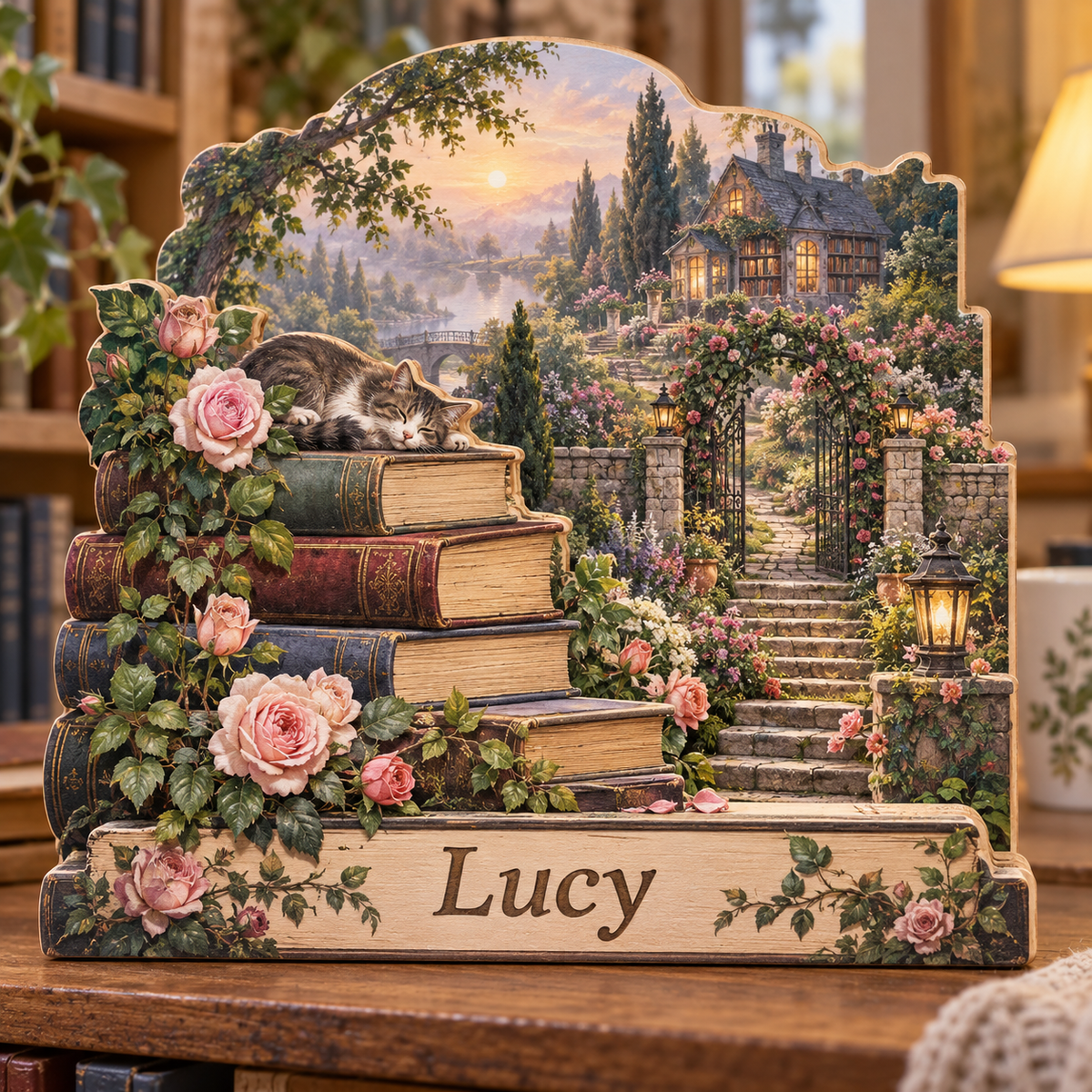 Book Stack Secret Garden Stairway Personalized Wooden Block; example personalization Lucy